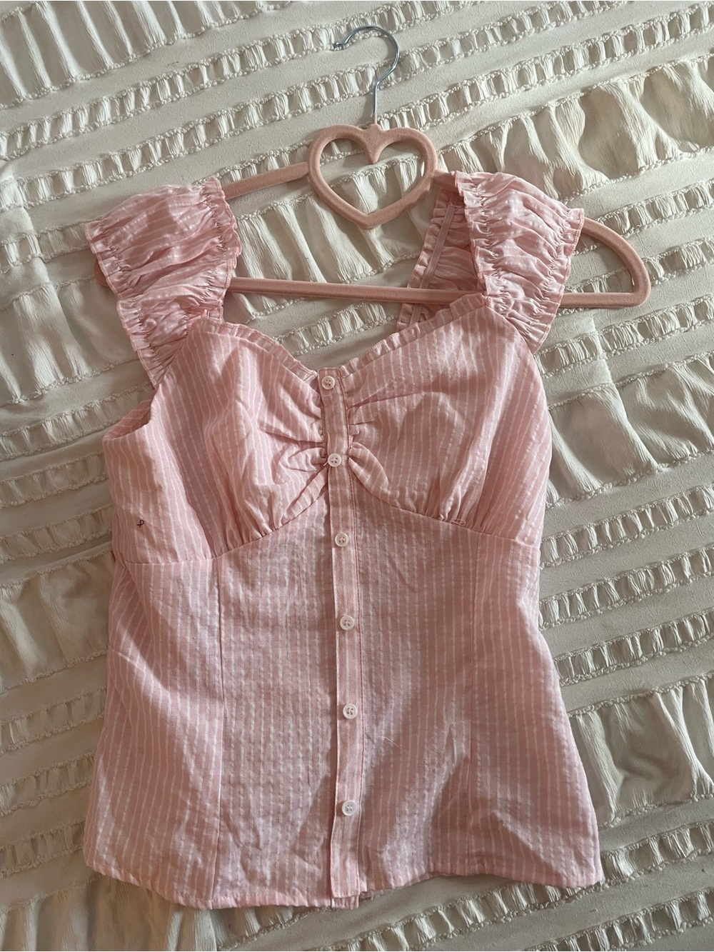 iris Pink Striped Ruffle-Sleeve Button-Front Camisole